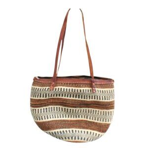 Handwoven African Straw Tote Bag Leather Straps Zip Close Large Bucket Style Vtg